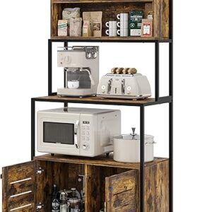 Furniouse 5-Tier Kitchen Bakers Rack with Power Outlet, Industrial Microwave Oven Stand with Shelves, Kitchen Utility Storage Shelf with Cabinet, Standing Kitchen Storage Rack, Rustic Brown