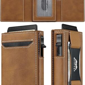 Leather Wallet for Men Slim Minimalist: Smart Pop Up Wallet with Cash Strap – RFID Front Pocket Trifold Credit Card Holder – Gift for Man Hu…