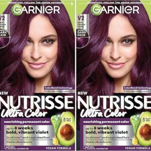Garnier Hair Color Nutrisse Ultra Color Nourishing Creme, V2 Dark Intense Violet (Spiced Plum) Purple Permanent Hair Dye, 2 Count (Packaging May Vary)