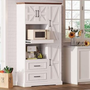 IRONCK Farmhouse Kitchen Pantry Cabinet, Kitchen Hutch Cabinet with Microwave Stand, Tall Food Pantry Cabinet with Storage Drawers and Adjus…