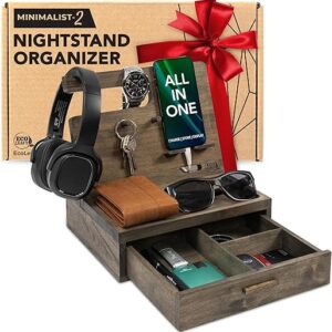 Nightstand Organizer- Rustic Bedside Organizer with Drawer for Cellphone, Watches, Headphone, Sunglasses, & Accessories- Makes an Ideal Gift…