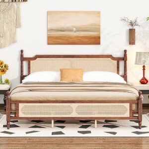 KEIKI King Size Wood Platform Bed Frame with Rattan Headboard ＆ Footboard, Bed with Under-Bed Storage ＆ Central Support Feet, Solid Slat, E…