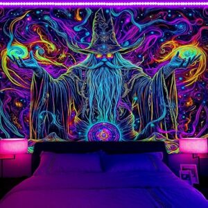 Blacklight Tapestry, Trippy Wizard Tapestry for Bedroom, UV Reactive Tapestries, Magic Eyes Tapestry, Purple Blue Neon Starry Wall Tapestry…