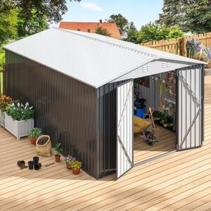Polar Aurora 10×14 FT Qutdoor Storage Shed. MetaGarden Shed with Updated Frame Structure, ToolSheds for Backyard Garden Patio Lawn White