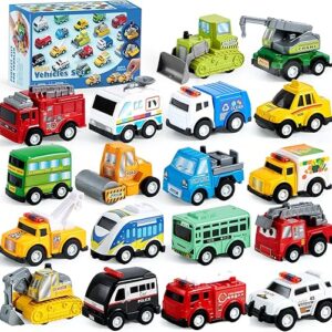 JOYIN 18 Pcs Pull Back City Cars and Trucks Toy Vehicles Set, Friction Powered Cars Toys for Toddlers, Boys, Girls’ Educational Play, Kids …