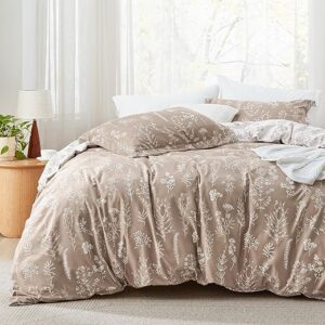 Bedsure Duvet Cover Queen Size – Reversible Light Taupe Queen Duvet Cover Set with Zipper Closure, 3 Pieces Floral Patterned Bedding Set wit…