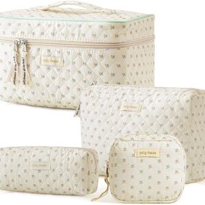 HBselect 4Pcs Cotton Quilted Makeup Bag Coquette Makeup Bag Large Travel Cosmetic Bag Aesthetic Cute Kawaii Floral Makeup Bag Toiletry Bags…