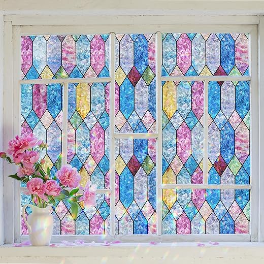 FEOMOS Window Privacy Film, Rainbow Decorative Stained Glass Window Film, Static Cling Lattice Glass Covering, Window Tint Sticker for Home...