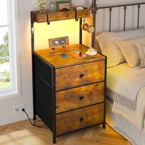 EnHomee Tall Nightstand with Charging Station and Led Lights Nightstand with 3 Drawers and Shelves Bedside Table with USB Ports and Outlets,…