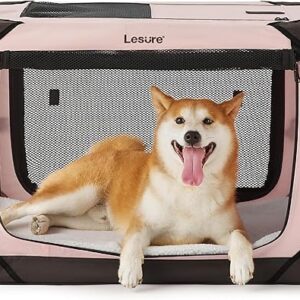 Lesure Collapsible Dog Crate – Portable Travel Kennel for Medium Dog, 4-Door Pet Crate with Durable Mesh Windows, Indoor & Outdoor, Pink