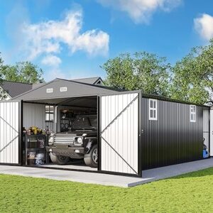 AMERLIFE 13.2x21x8 FT Outdoor Storage Shed, Huge Metal Garage Shed with 2 Double Hinged 4 Windows and Doors, Carport for Car, Truck, Bike, …