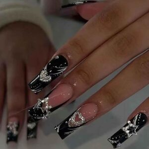 Press On Nails – Long Rhinestone Pink & Black Square Bling Glossy 3D Flower False Nails – 24pcs (Long Nails 2)