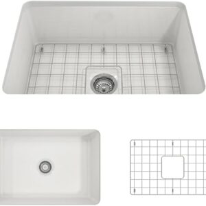 BOCCHI Sotto Dual-Mount Fireclay 27 in. Single Bowl Kitchen Sink with Protective Bottom Grid and Strainer in White