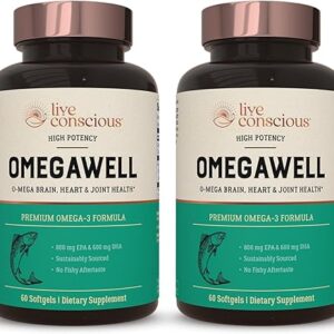 Live Conscious OmegaWell Fish Oil: Heart, Brain, and Joint Support | 800 mg EPA 600 mg DHA – Enteric-Coated, Sustainably Sourced – Easy to …