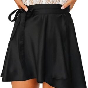 Womens Wrap Mini Skirts Casual High Waist Self Tie Knot Silk Satin Short Skater Skirt