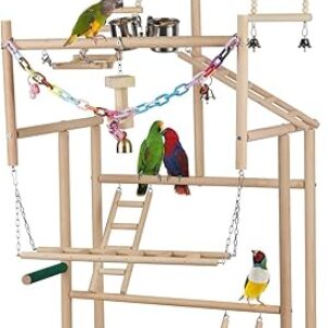 Pet Parrot Playstand Parrots Bird Playground Bird Play Stand Wood Perch Gym Playpen Ladder with Feeder Cups Bells for Cockatiel Parakeet (4…