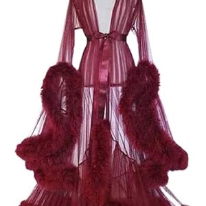 Women Plus Size Lingerie Robe See-Through Sexy Feather Robe Mesh Sheer Lace Nightwear,Pink,One Size