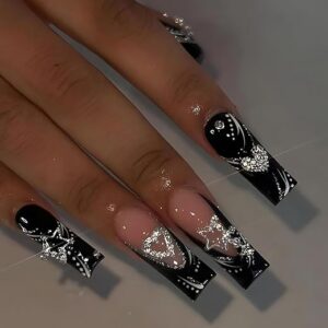 Press on Nails Coffin Long Black Glossy Full Cover Acrylic Square French False Nails with Star Glitter Designs Artificial Ballerina Fake Na…