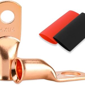 Battery Cable Ends, 2PCS 4 Gauge Wire Connectors 1/4 Copper Wire Lugs, Bare Copper Eyelets with Heat Shrink Tubing
