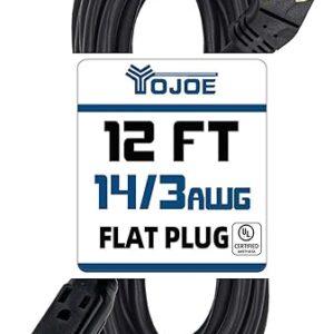 YOJOE 3-Outlets Flat Plug Indoor Extension Cord Outlet Extender, 3 Prong 12 ft 15A Power Strip, 14 Gauge Heavy Duty Black Extension Cord, 1…