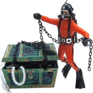 Live-Action Aquarium Ornament Creative Undersea Treasure Chest Diver Air Bubbler Aerating for Fish Tank Decorations Orange Color