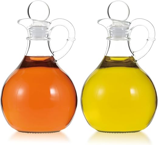 Oil and Vinegar Cruet Set of 2, Glass Oil and Vinegar Dispenser with Airtight Stopper, Glass Condiment Container for Homemade Oil, Salad Dr...