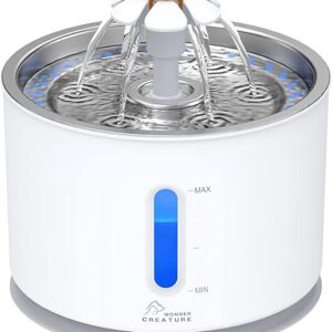Wonder Creature Cat Water Fountain with Stainless Steel Lid, 2.4L/81oz Automatic Cat Fountain with LED Light and Water Level Window for Cat…