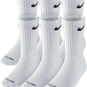 NIKE Dri-FIT Cushion Crew Training Socks (6 Pair) White With Traditional Black Swoosh Logo ADULT LARGE 8-12 UNISEX