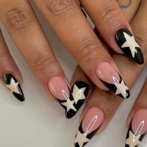 Medium Almond Press on Nails Black Fake Nails White Star False Nails Glossy Acrylic Glue on Nails Full Cover Stick on Nails with French Art…