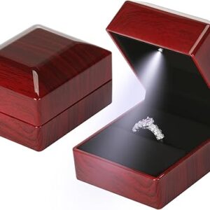 Wooden Wedding Ring Earring Gift Box with LED Light, Small Velvet Lining Jewelry Ring Display Holder Case for Proposal Wedding Engagement (…