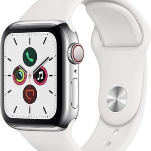 Apple Watch Series 5 (GPS + Cellular, 44MM) – Silver Stainless Steel Case with White Sport Band (Renewed)