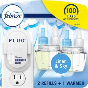 Febreze Plug in Air Fresheners, Linen & Sky Scent, Odor Eliminator for Strong Odors, 1 Warmer + 2 Oil Refills