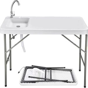 Folding Fishing Cleaning Table, 4ft Portable Foldable Camping Outdoor Table, Fish Cleaning Sink Table with Faucet for Picnic Camping Kitche…