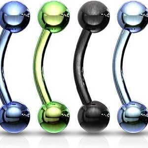 Pierced Owl – Set of Six (6) 16G Titanium Plated Stainless Steel Assorted Colors Ball End Curved Eyebrow Rings