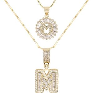 Letter Necklace 14k Gold Plated Bling Dainty Necklaces Trendy Chunky Custom Name Necklace Personalized Round Circle Pendant Zirconia Letter…