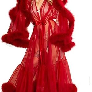 Women’s Sexy Feather Long Wedding Scarf Dreamy Pajamas Robe See-Through Bathrobe Pajamas,Red,M