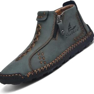 Mens Casual Leather Shoes Ankle Chukka Boots Handmade Side Zipper Mid top Slip On Loafers Fashion Lightweight Walking Driving High Boots