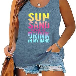 Plus Size Tank Top for Women Sun Salt Sea Letter Graphic Printed Sleeveless Loose Casual Tunics Shirts