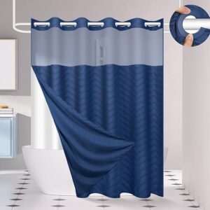 No Hook Shower Curtain and Snap in Liner Set Navy Blue Tufted Chevron Striped Cloth Waterproof Washable Fabric Boho Bath Curtain with See T…