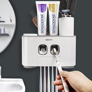 Toothbrush Holder Wall Mounted, WEKITY Multi-Functional Toothbrush and Toothpaste Dispenser for Bathroom, with 5 Toothbrush Slots, 2 Toothp…