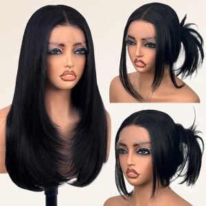 Glueless Synthetic Lace Front Wig 26 Inches Long Straight Black Wigs for Black Women 13x5x1 HD Lace Hand Tied Pre Plucked Hairline (#1B Nat…