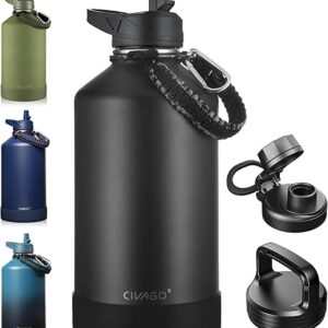 CIVAGO Gallon Insulated Water Bottle Jug with Straw, 128 oz Large Stainless Steel Water Flask, Big Metal Thermal Mug with 3 Lids for Sports…