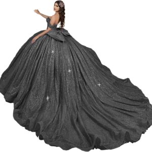 Sparkly Quinceanera Dresses with Bow Puffy Glitter Beaded XV Dress Off Shoulder Ball Gown with Train YU010