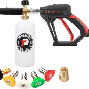 Tool Daily Short Pressure Washer Gun with Foam Cannon, 1/4 Inch Quick Connector, with 5 Pressure Washer Nozzle Tips, 1 Liter