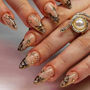 3D Gold French Tips Press on Nails Sun and Stars Acrylic Fake Nails Short Almond Glossy Gold Curve Line False Nails Rhinestones Stick on Na…