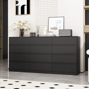 Homsee 12 Drawers Double Dresser, Modern Wood Dresser Chest of Drawers with Large Storage Space for Bedroom, Black (63”L x 15.7”D x 31.9”H)