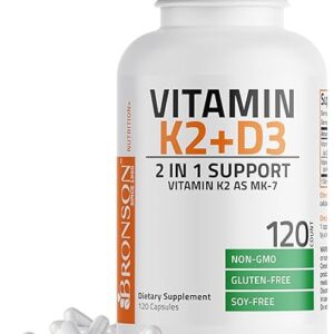 Bronson Vitamin K2 (MK7) with D3 Supplement Non-GMO Formula 5000 IU Vitamin D3 & 90 mcg K2 MK-7 Easy to Swallow D & K Complex, 120 Capsules