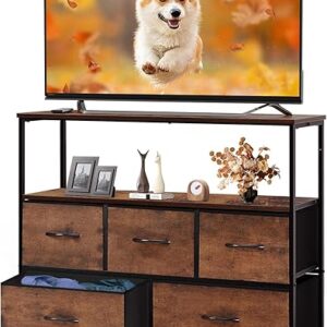 DUMOS TV Stand Dresser with 5 Fabric Storage Drawers, Media Console Featuring Open Shelf for 45 inch TV, Compact Entertainment Unit for Bed…