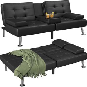 Flamaker Futon Sofa Bed Modern Folding Futon Set Convertible Recliner Lounge for Living Room with 2 Cup Holders, Removable Armrests (PU Lea…