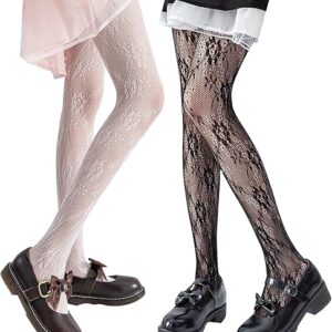 SERAPHY 2 Pairs Women’s Patterned Tights Black White Lace Tights Fishnet Floral Stockings Sexy Pantyhose Leggings